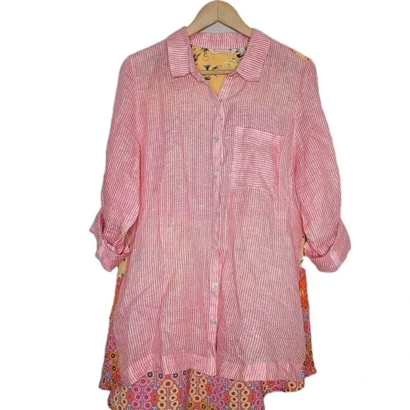 Soft Surroundings Island Linen Button Down Roll-Tab Sleeve Tunic Top L Floral - Picture 2 of 7